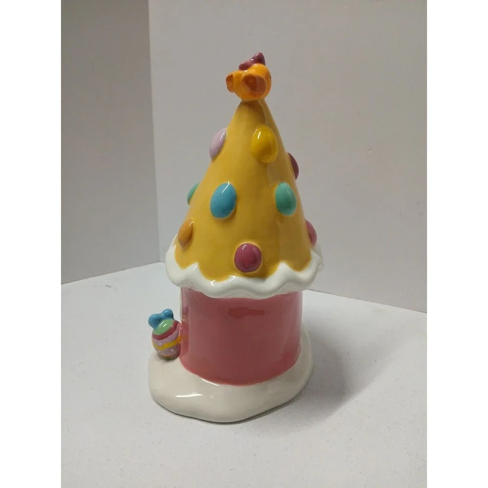 Hello Kitty Easter Egg House Figurine Yellow Ceramic Blue Sky‎ Embossed